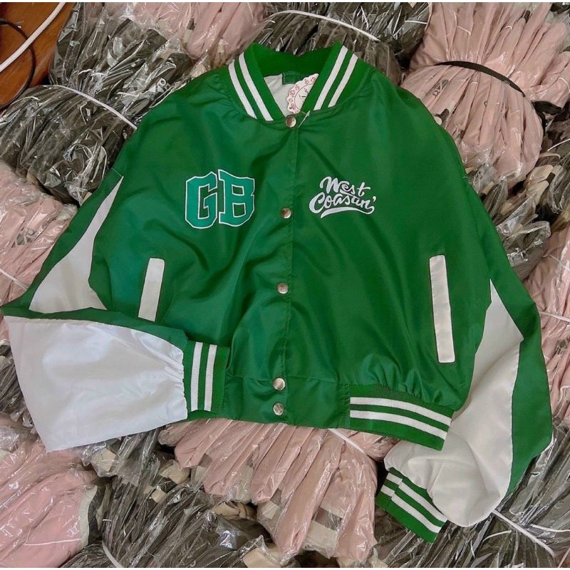 Áo khoác bomber lững kiểu croptop,Áo bóng chày nút bấm phối màu cực sang chảnh thêu hoạ tiết chữ phong cách hàn