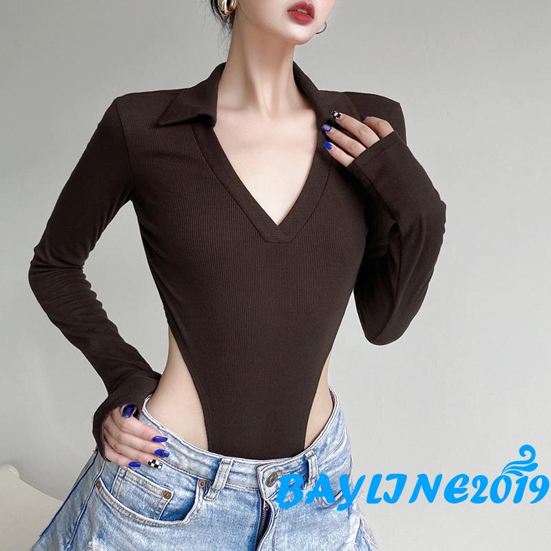 Áo liền thân tay dài cổ V màu trơn gợi cảm size S/M/L cho người lớn