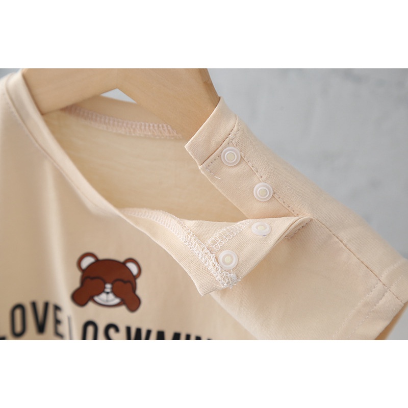 Áo Liền Quần Bằng Cotton Tay Ngắn In Chữ Và Gấu Hoạt Hình Dễ Thương Dành Cho Bé 0-2 Tuổi