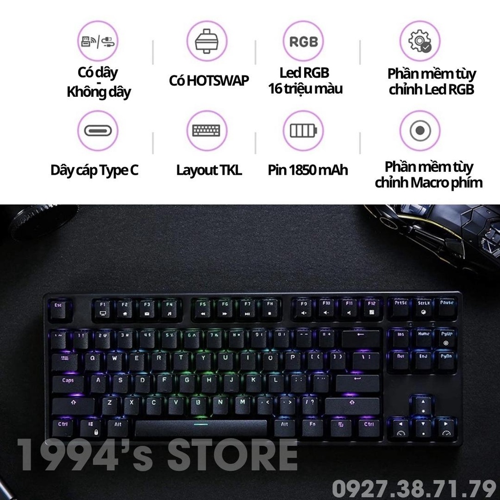 RK987 RGB Version 4 HOTSWAP - Bàn Phím Cơ Không Dây Bluetooth 5.1 Kết nối 3 thiết bị  - Wireless 2.4Ghz - Cáp Type C