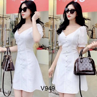 Váy trắng cổ tim hàng cúc trước cao cấp