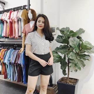 Sơ Mi Chấm Bi Cổ Vest Chất Voan Lụa Siêu Nhẹ