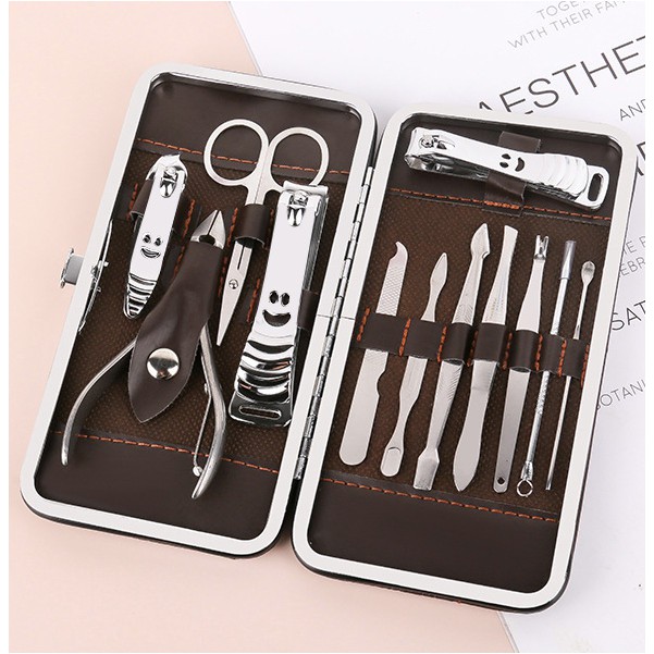 Bộ Chăm Sóc Móng Set 12 Món Chất Liệu Thép Không Gỉ Hộp Da Cao Cấp Full Box Tiện Lợi VECOM