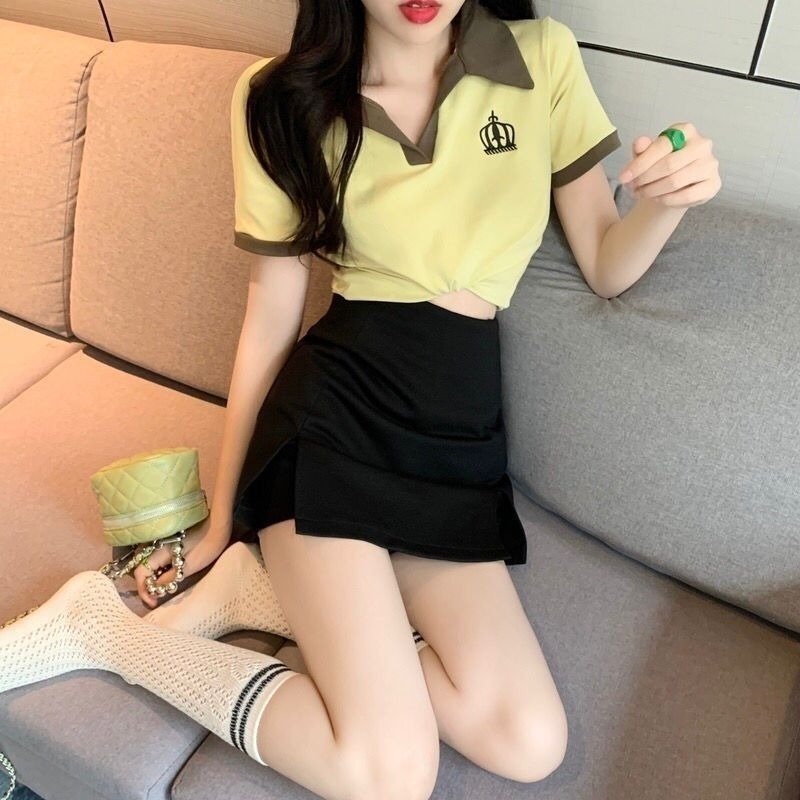 Bộ Áo Thun Cổ Chữ V + Quần Short Lưng Cao Xẻ Tà Thời Trang Mùa Hè Hàn Quốc 2022 Mới