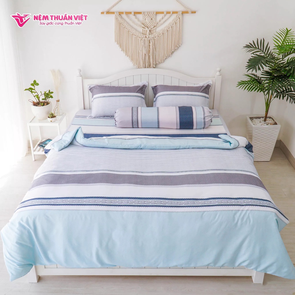Bộ Ga Giường Tencel Thuần Việt Cao Cấp - Xanh Sọc TVM07 (4 Món)