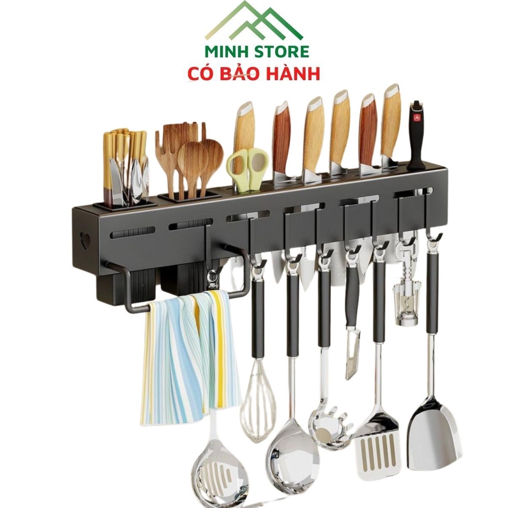 Giá gài dao kéo kệ dán tường để đồ nhà bếp có ống đựng đũa và móc treo muôi thìa bằng thép