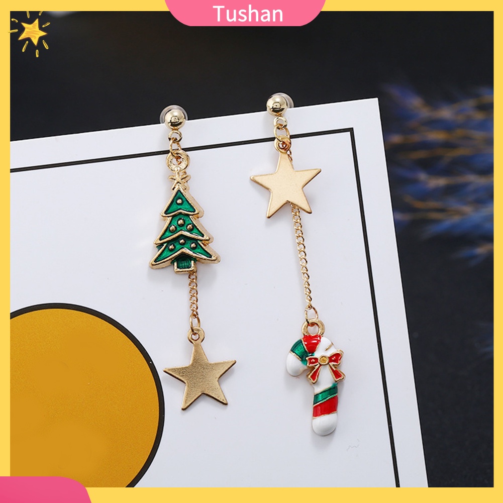 TUSH_Phụ nữ Giáng sinh Cây Mía Ngôi sao Dangle Bông tai Stud bất đối xứng Trang sức Quà tặng Giáng sinh