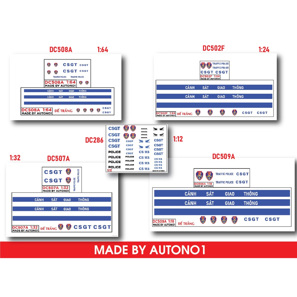 DECAL NƯỚC ĐỘ CSGT Ô TÔ TỈ LỆ 1:24 - 1:64 - 1:32 - 1:18 VÀ MÔ TÔ 1:12