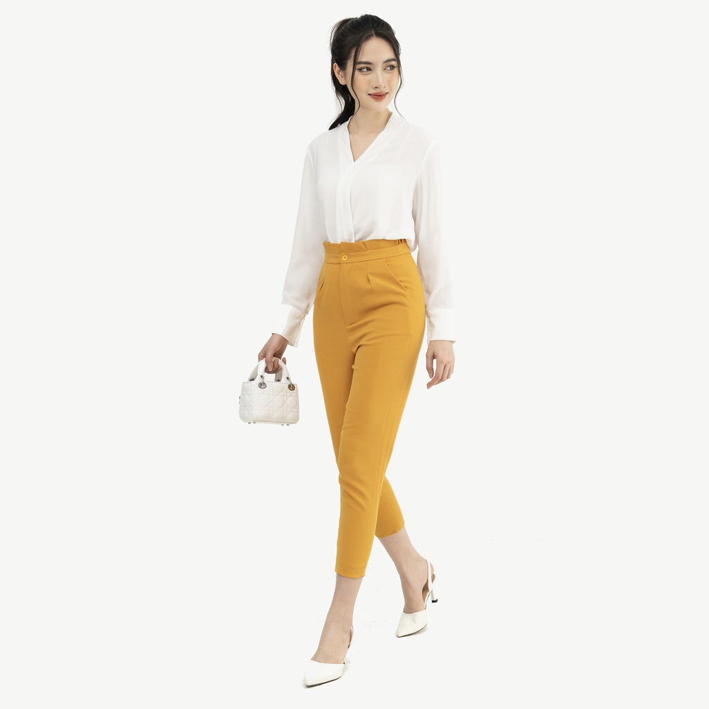 Quần Tây Nữ Lưng Cao Baggy Công Sở Phối Eo Xếp Ly Hecci Màu Vàng Q06