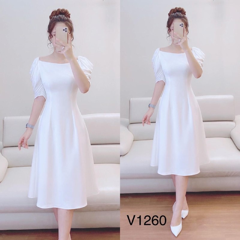 [ xả kho ] MiD Đầm trắng trơn cổ vuông V1260 tinh khôi Mie Design kèm ảnh thật