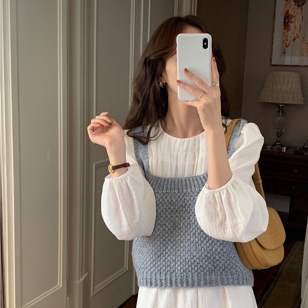(ORDER) Áo vest gile len hai dây cổ vuông dáng ngắn vintage đáng yêu điệu đà Hàn Quốc