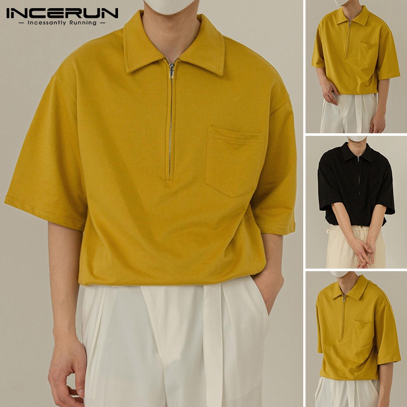 Áo polo INCERUN cổ lật ngắn tay dáng rộng đơn giản màu trơn thời trang dành cho nam