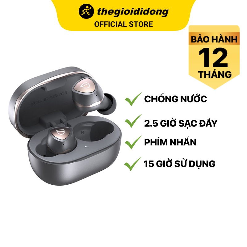 Tai nghe Bluetooth TWS Nhét tai Soundpeats Sonic Xám Chống nước IPX5 Chính hãng BH 12 tháng - Pin 35 giờ có hộp sạc