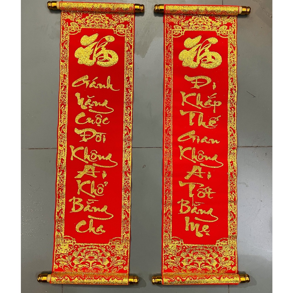 1 đôi câu đối đỏ, liễng trang trí tết 30x100cm in chữ Việt Nam làm từ vải nhung đẹp
