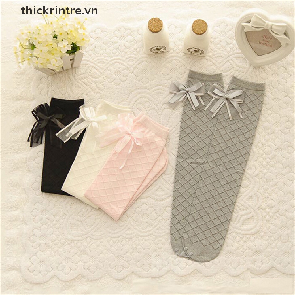 Đôi Tất Chân Cotton Cao Qua Gối Đính Nơ Dễ Thương Cho Bé Gái