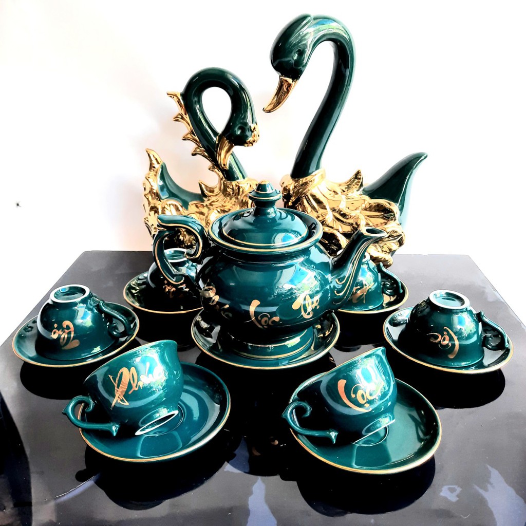 Bộ ấm chén Bát Tràng cao cấp phú quý Mallard Plt vàng màu xanh Arctic họa tiết Phúc - Lộc - Thọ vẽ vàng 24k