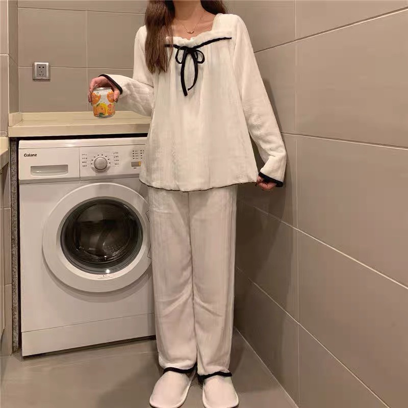 Bộ đồ ngủ lông cổ nơ đáng yêu, đồ ngủ nữ mặc nhà giữ nhiệt