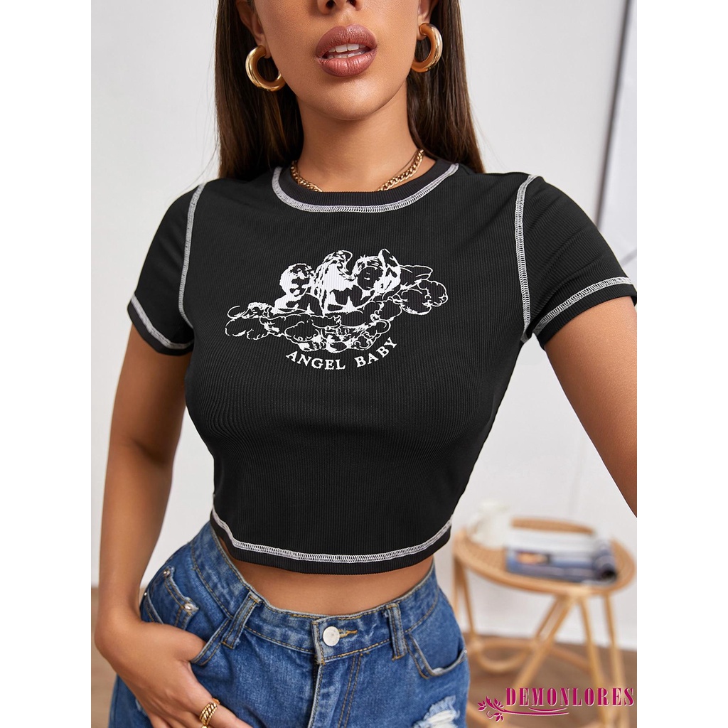 Áo croptop ngắn tay cổ tròn phối đường chỉ may màu tương phản và họa tiết thiên thần nhỏ sành điệu cho nữ