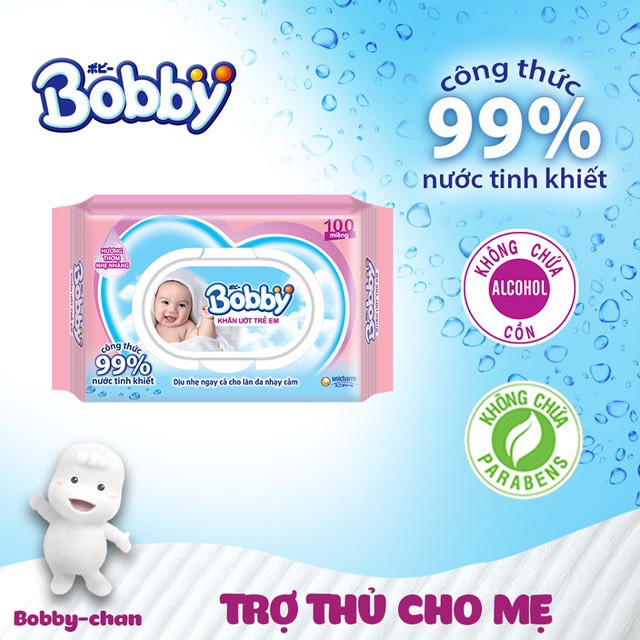 Khăn ướt Bobby hương thơm nhẹ nhàng 100 tờ (màu Hồng)