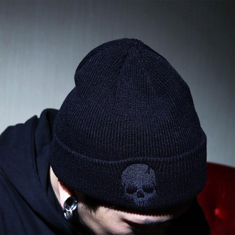 Mũ Beanie Dệt Kim Dày Dặn Giữ Ấm Tai Thêu Họa Tiết Bộ Xương Phong Cách Punk Tinh Tế