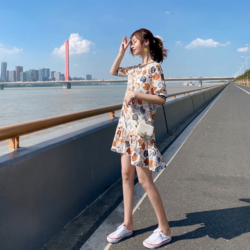 Đầm chữ A IELGY cổ tròn in họa tiết dễ thương size lớn thời trang cho nữ