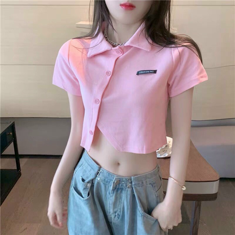 [ HOT HIT ] ÁO CROPTOP KIỂU LỬNG NỮ CỔ BẺ CÀI NÚT XẺ LAI BỤNG MÀU TRẮNG MÀU HÔNG CAO CẤP NITI2 HOT HIT THỜI TRANG