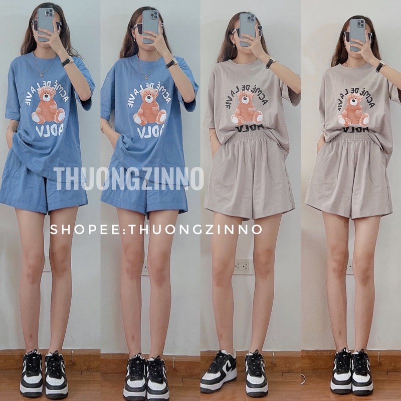 [Ảnh thật/Video]Bộ thể thao HÌNH GẤU cute dáng rộng mùa hè Set áo phông kèm quần chất thun cotton màu dễ thương