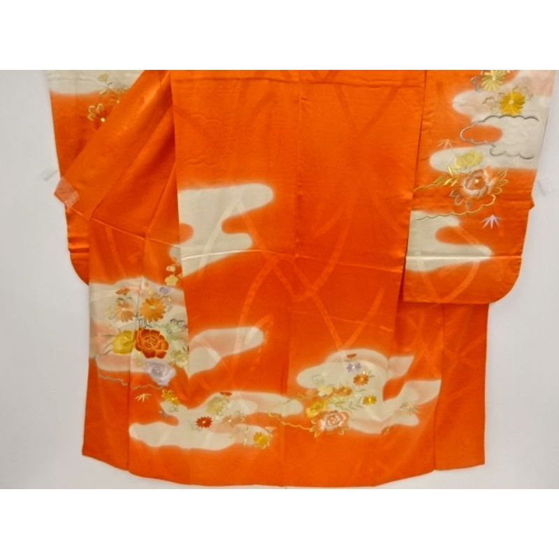 Antique Furisode Kimono Nhật Bản - Floral Plants and Mist embroidery - Hoa văn cây hoa và sương