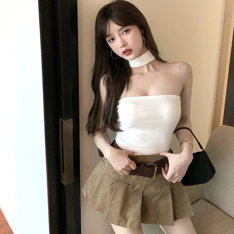 Áo croptop trắng cổ choker vải dày dặn mát có sẵn