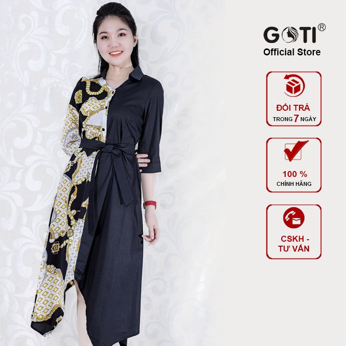 GOTI - Hình Thật - Đầm Suông Công Sở Dáng Sơ Mi Cao Cấp Cột Eo Phối Màu Họa Tiết 3135