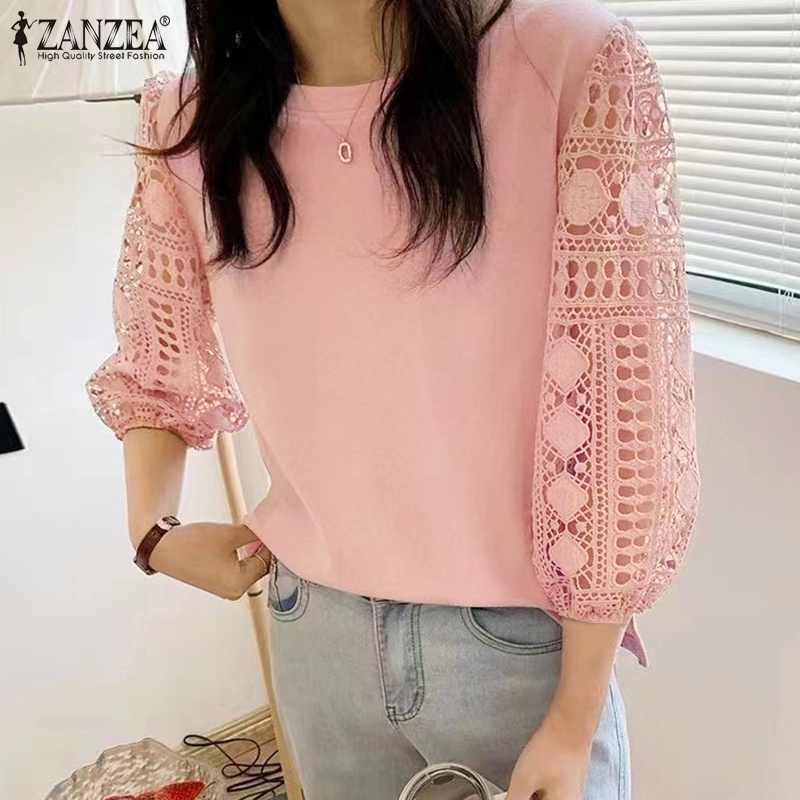 Áo ZANZEA cổ tròn tay 3/4 phối ren thời trang cho nữ