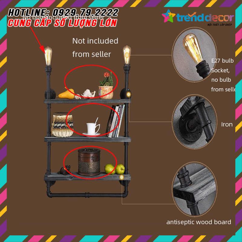 Kệ treo tường gỗ 3 tầng kệ ống nước Kiêm đèn tường và giá treo decor bằng ống săt độc lạ bền đẹp trang trí