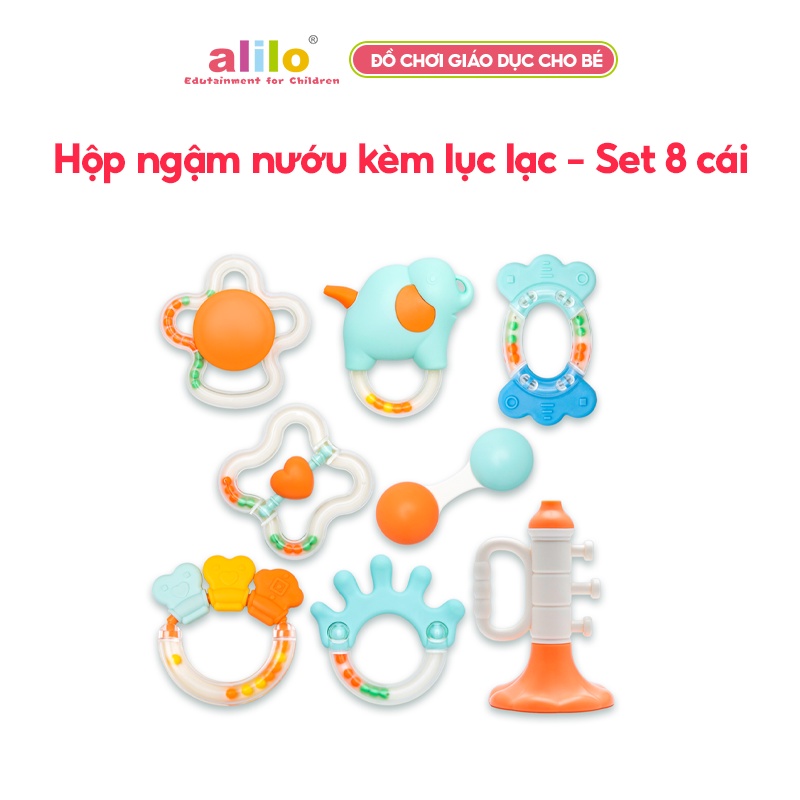 Hộp ngậm nướu kèm lục lạc hỗ trợ phát triển răng miệng cho trẻ nhỏ Alilo Rattles Teethers hộp 8 cái - Hàng chính hãng