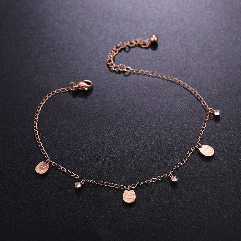 NKEYBBON Lắc chân nkeybbon bằng Titanium thép không gỉ phối đá giả màu vàng kim hồng hình con mèo thời trang dễ thương