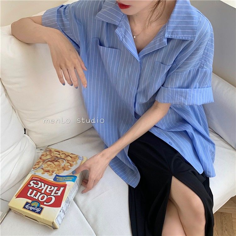 Áo Sơ Mi Sọc Tay Ngắn Thời Trang Dành Cho Nữ