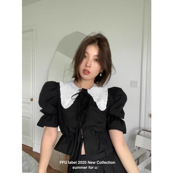 Áo sơ mi cổ bèo buộc dây dáng croptop