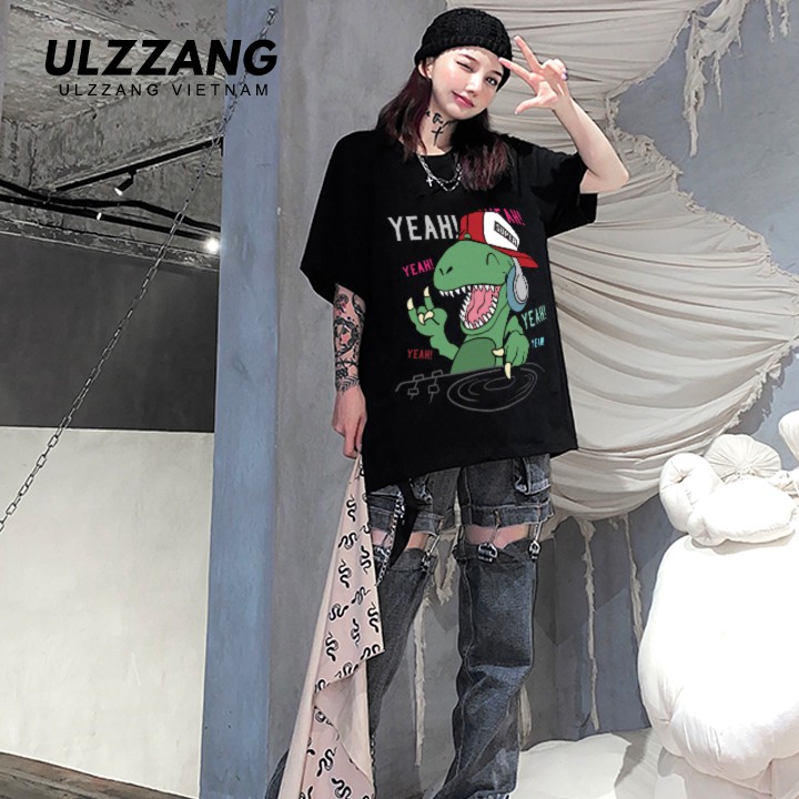 Áo tay lỡ ULZZANG cotton dáng unisex form rộng in hình khủng long dino dj