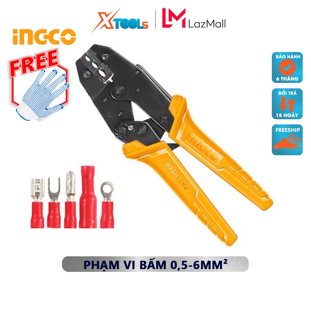 Kềm bấm cos dây điện INGCO HRCPJ0506 | Kìm cắt tuốt kem bánh cóc Chiều dài: 9 &quot; Phạm vi bấm: 0,5-6mm², Cách điện AWG: 20