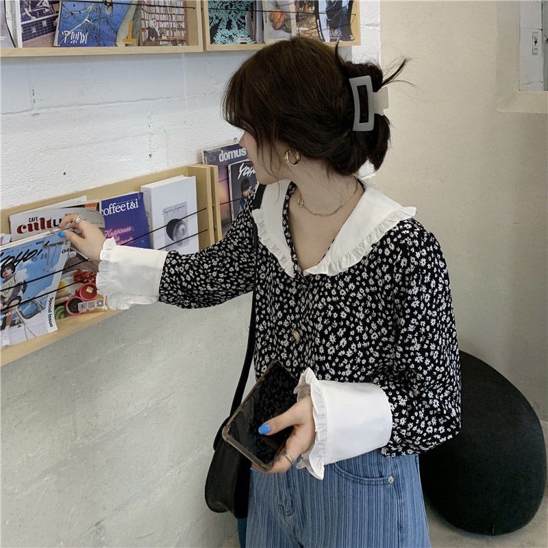 Áo sơ mi tay dài dáng rộng in họa tiết hoa phong cách Hàn Quốc thời trang xuân thu mới dễ phối đồ