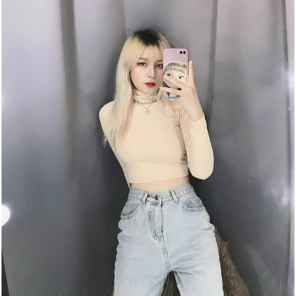 Áo cổ lọ croptop tay dài trơn cực xinh , chất thun gân mềm mịn mát