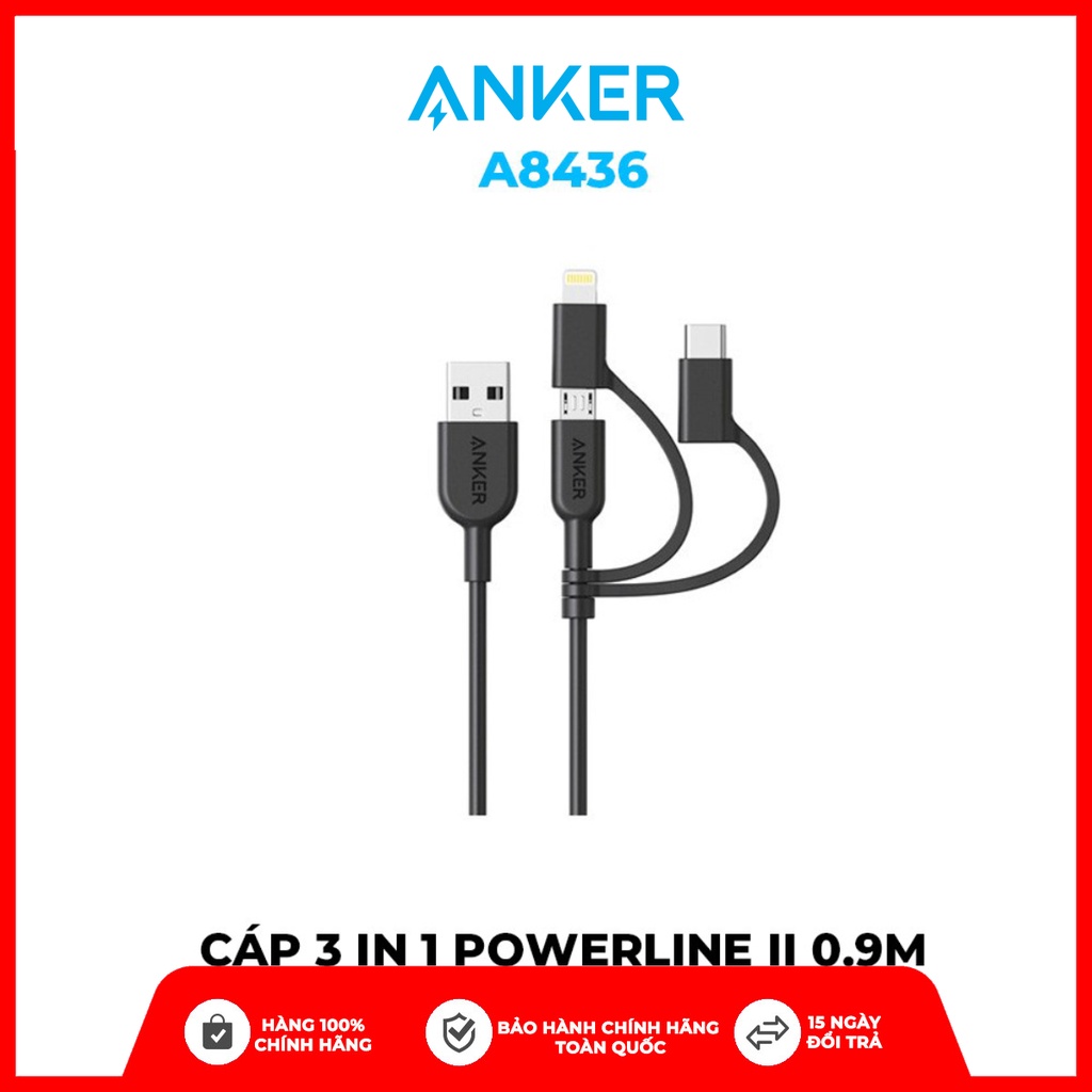 Cáp 3 in 1 ANKER Powerline II 0.9M - A8436 (Lightning - Type C - Micro USB)