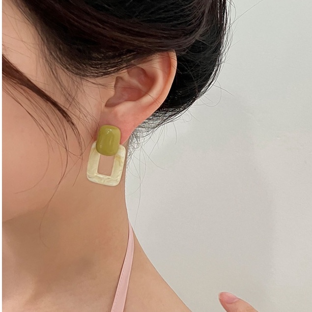 Khuyên Tai Kim Bạc 925 Hình Vuông Màu Sắc Tương Phản Phong Cách Retro Thời Trang Cho Nữ
