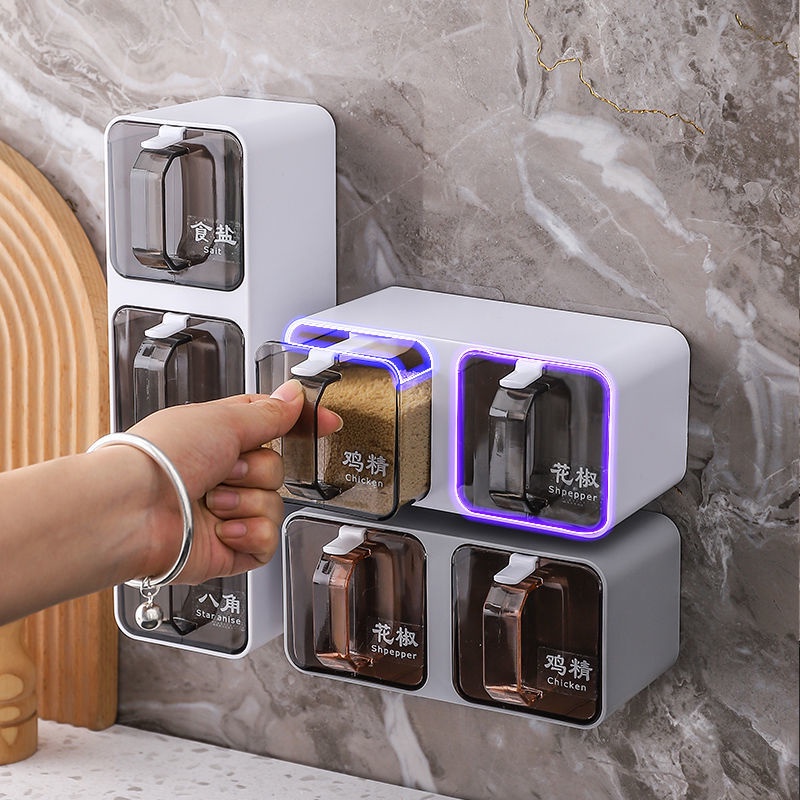 Set Hộp Nhựa Đựng Gia Vị MSG Dạng Ngăn Kéo Gắn Tường Phong Cách Mới Kèm Muỗng Cho Nhà Bếp