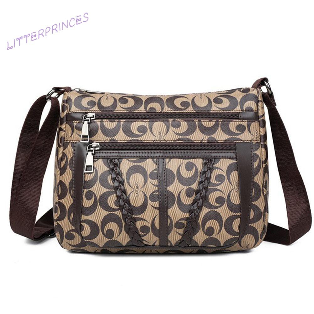 Litterprinces Retro Women Print Leather Shoulder Crossbody Bag Multi-pocket Small Handbag