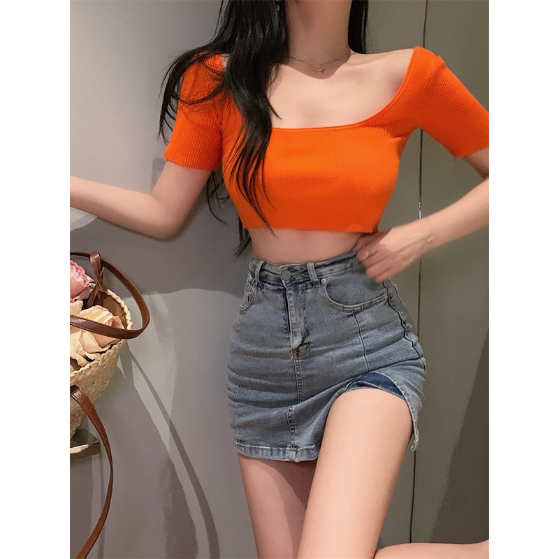 Áo Thun Ngắn Tay Cổ Vuông Thời Trang Hàn Quốc Cho Nữ