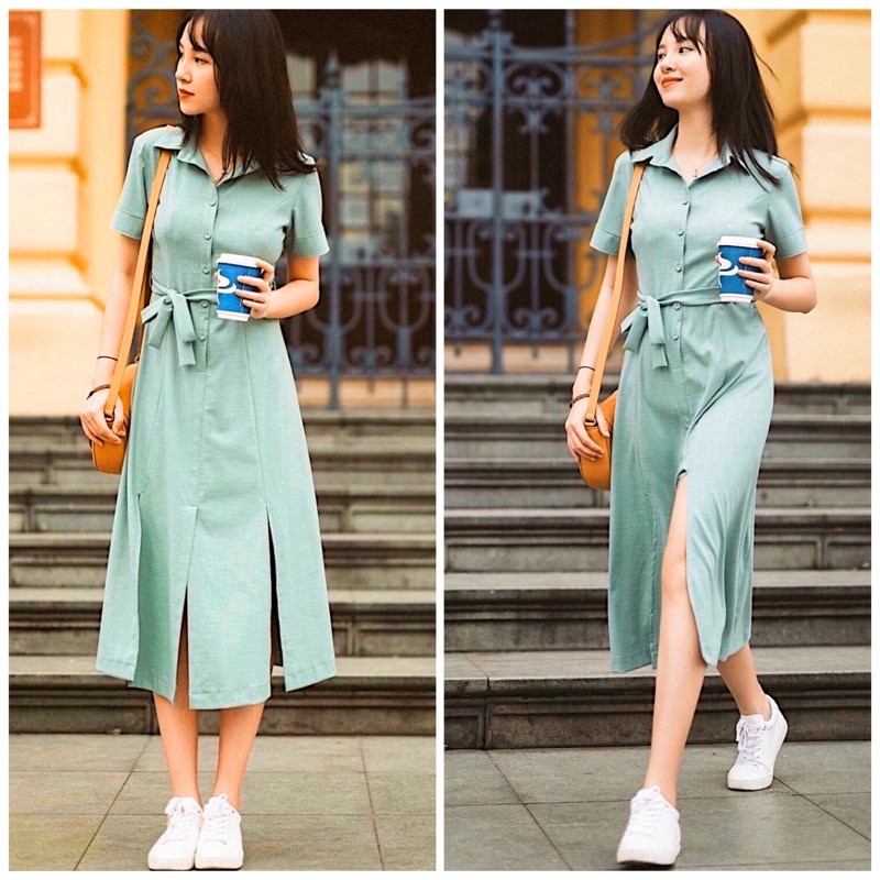 Đầm váy sơ mi mint xẻ tà (kèm hình thật)
