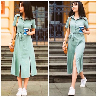 Đầm váy sơ mi mint xẻ tà (kèm hình thật)