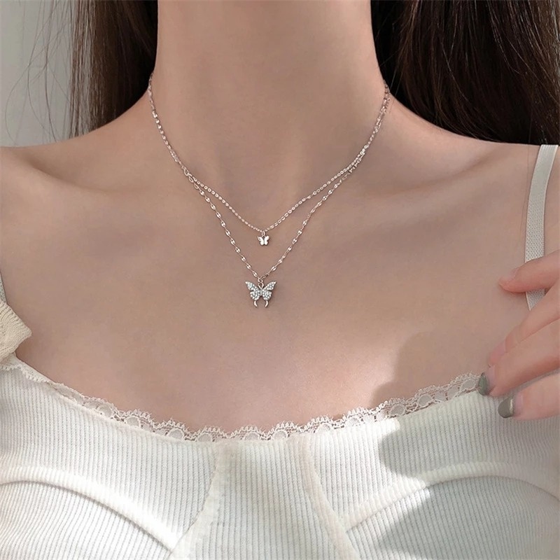 Vòng cổ Hai Lớp Hình Bướm Đính Đá Zircon Ngọt Ngào Thanh Lịch Cho Nữ