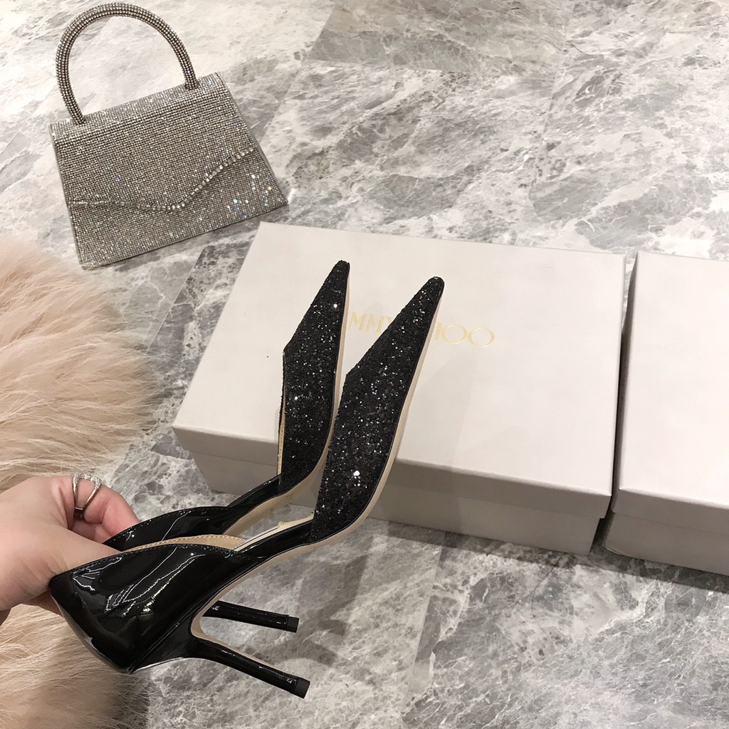 Jimmy Choo Giày cao gót cao 8cm bằng da bò màu đen thời trang cho nữ