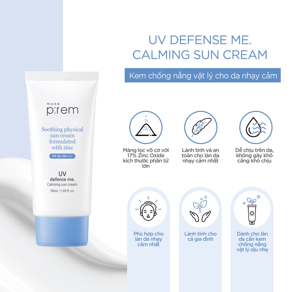 Kem chống nắng vật lý Make P:rem UV Defense Me. Blue Ray Sun Fluid SPF 50+ PA++++ dạng sữa 200ml